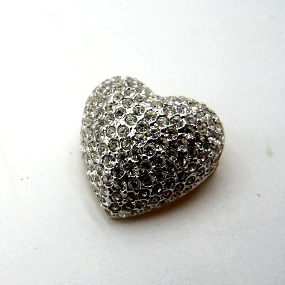 Vintage Heart Brooch Pave Rhinestone Puff Gold Tone Back‎ Pendant